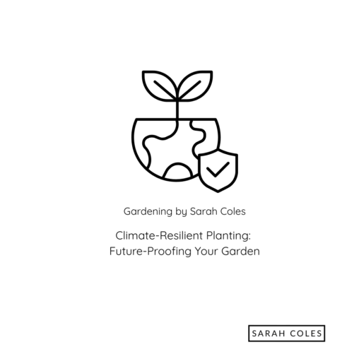 Climate Resilient Planting. Future Proofing your Garden. Image: Outline of Shield, Plant and Approval Tick.