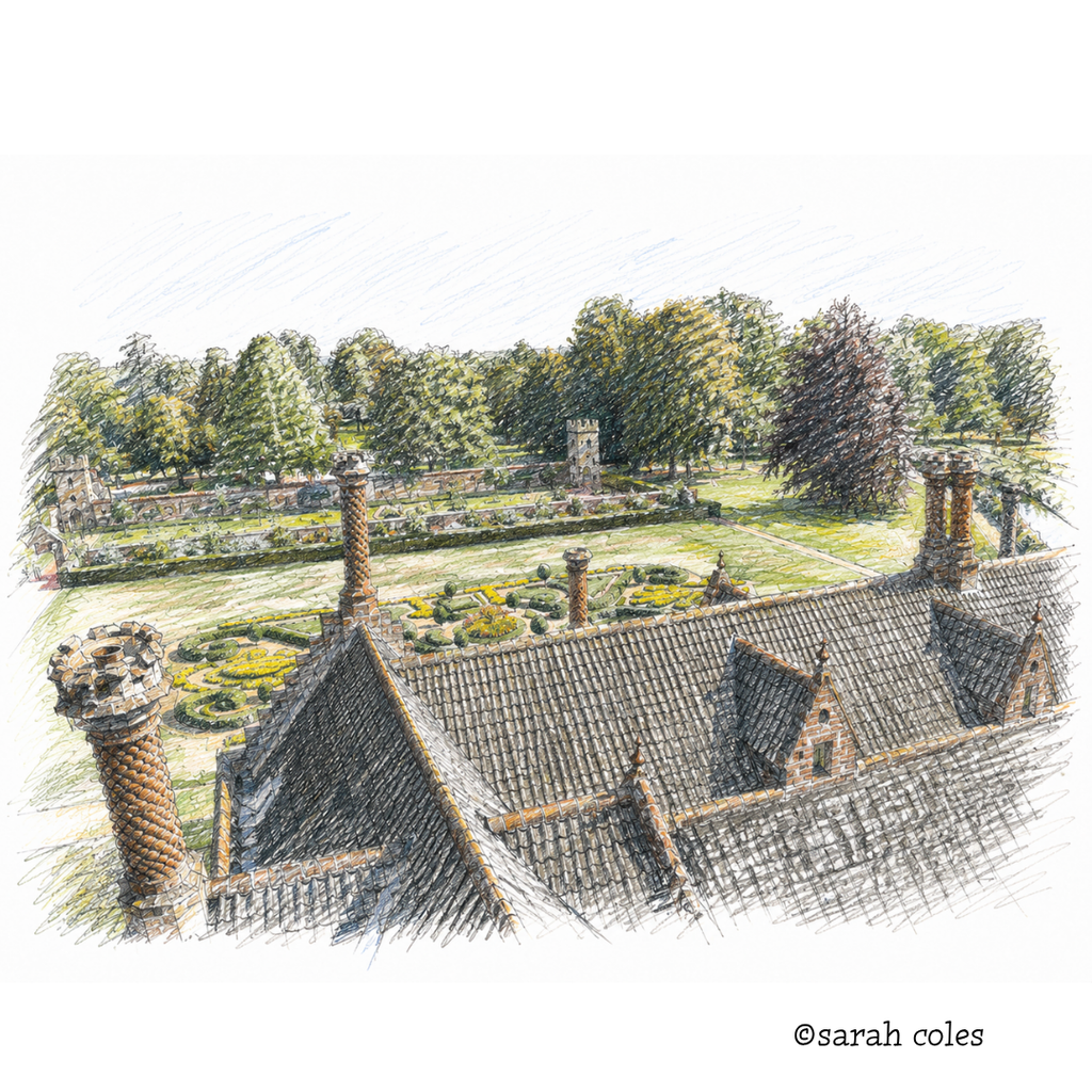 Oxburgh Hall. Image of garden from Roof.  Colour Sketch
© Sarah Coles