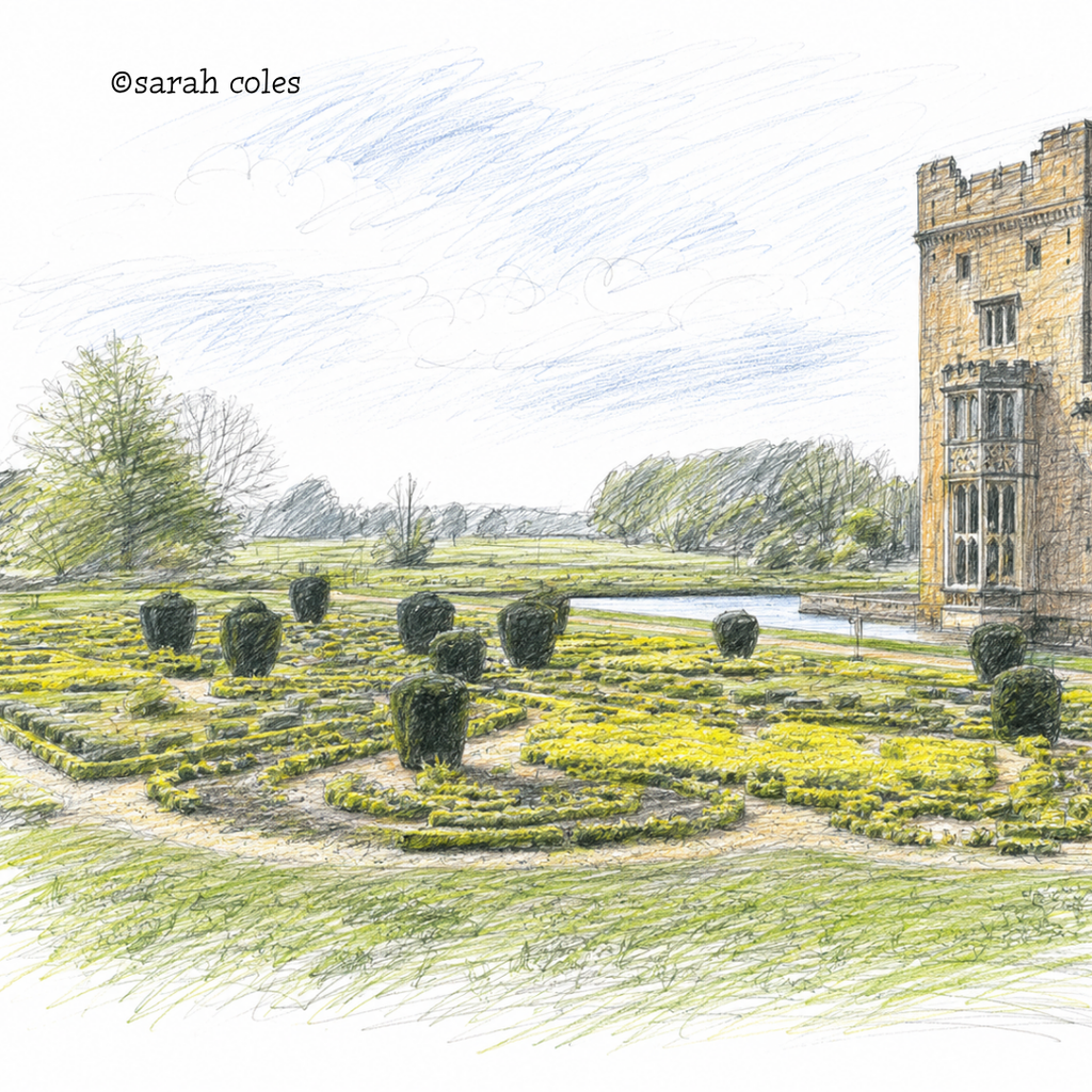 Oxburgh Hall Patiere.  Colour Sketch.  © Sarah Coles