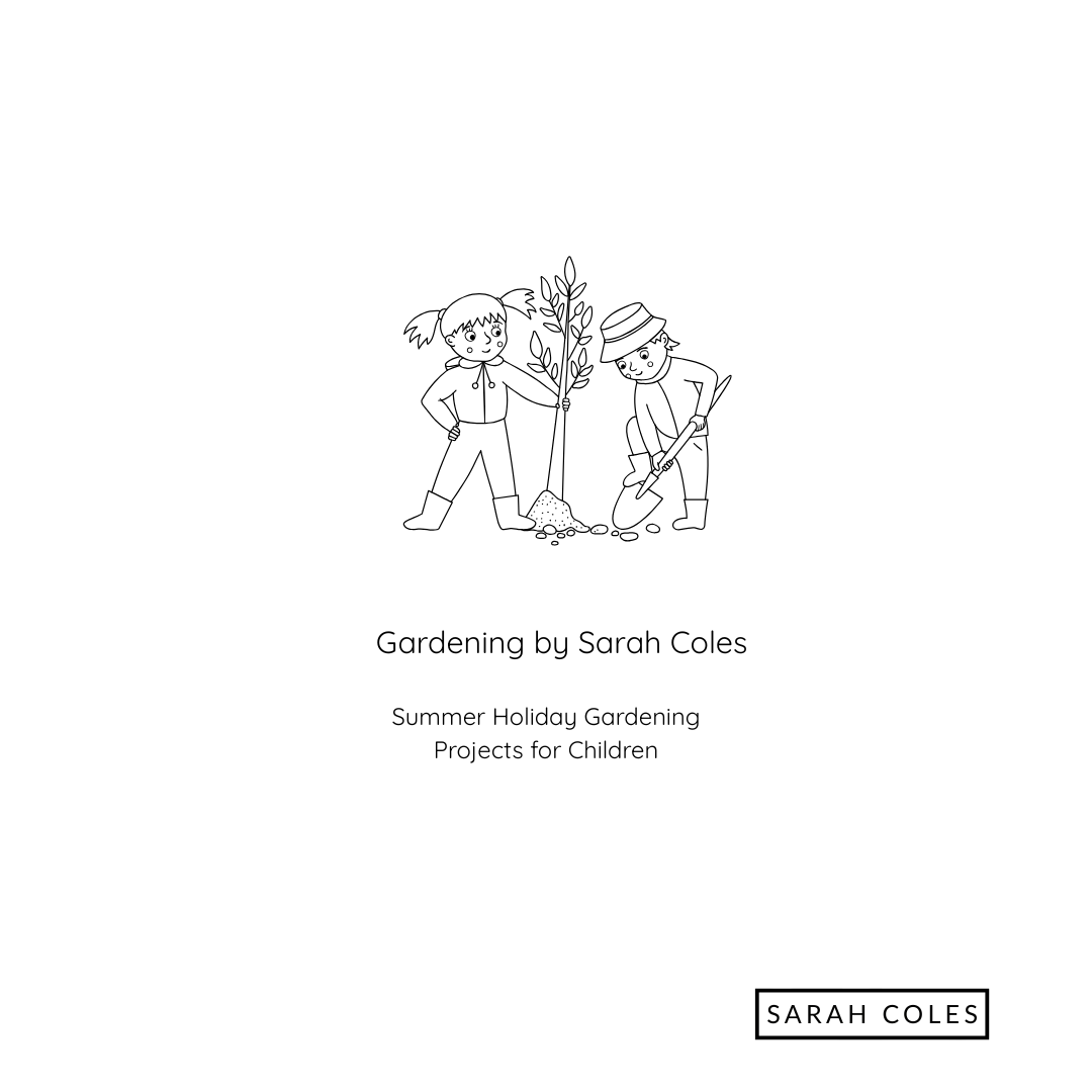 Summer Holiday Gardening Projects for Children. Image: outline of children gardening.