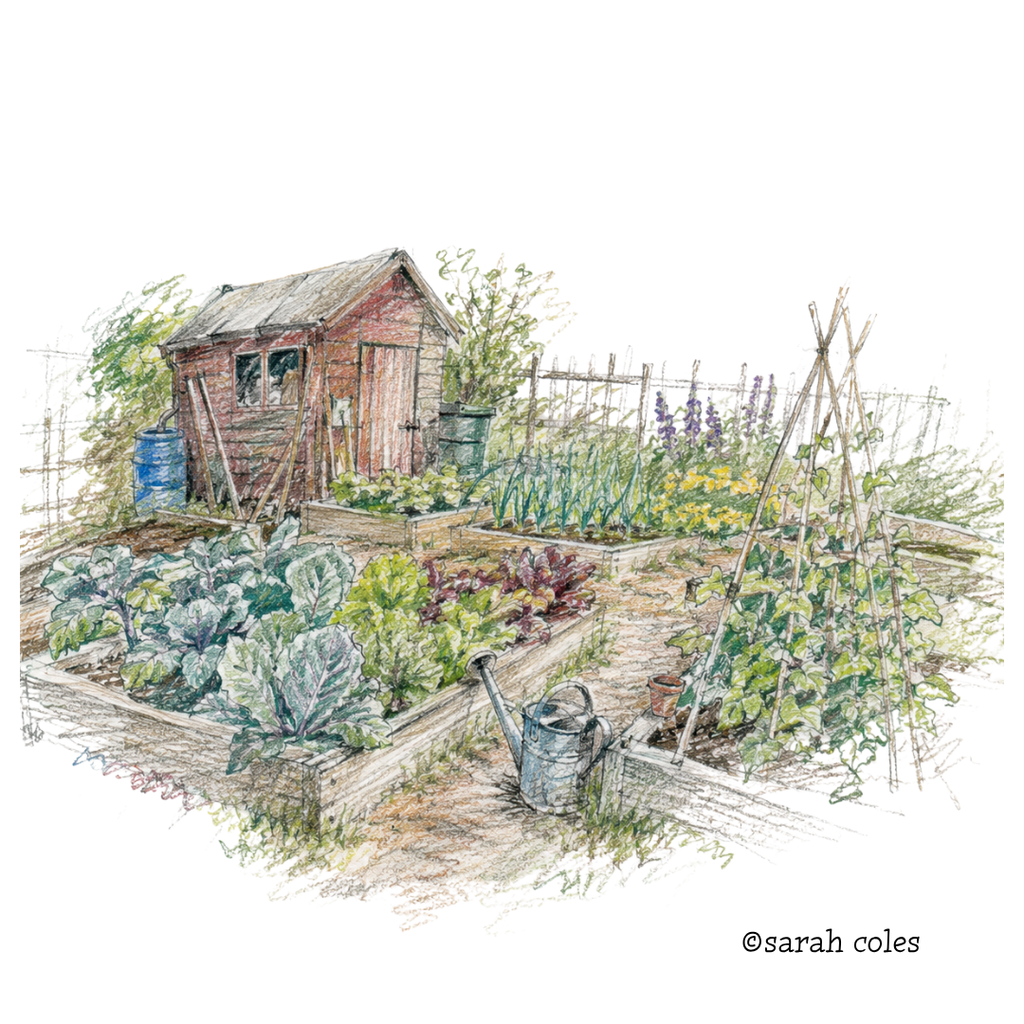 Colour Hand Sketch of an Allotment.