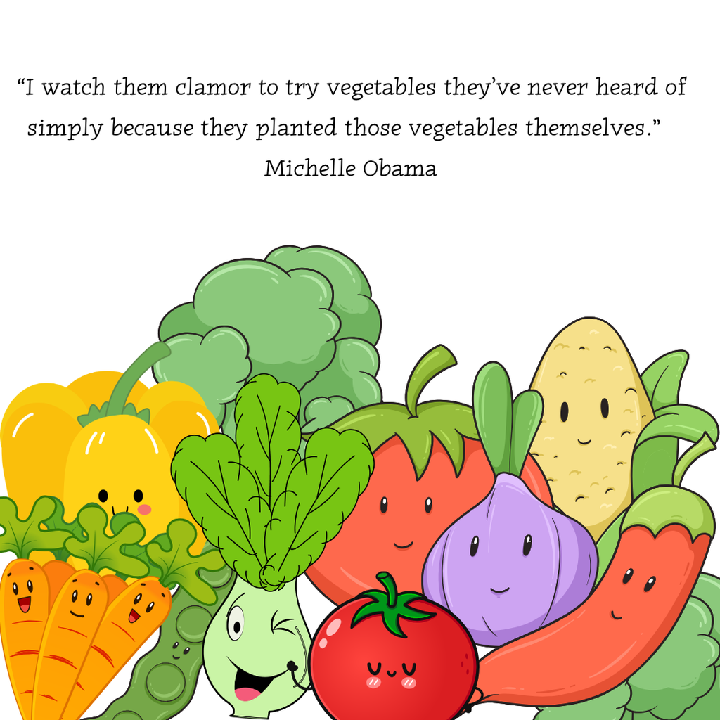 “I watch them clamor to try vegetables they’ve never heard of simply because they planted those vegetables themselves.” — Michelle Obama. Image: Colourful veggies with faces!