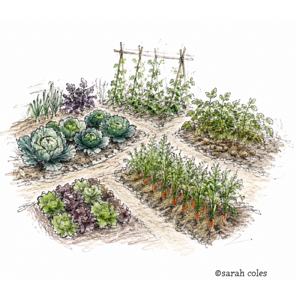 Colouring Pencil Sketch of Vegetable Garden Plots