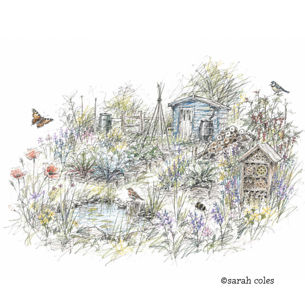 Colour Hand Sketch of a Bio Diverse Allotment.  Bee Hotel, Composter, Shed, Waterbutt and Pond.  Bees, Butterflies and Birds.
© My Allotment by Sarah Coles 