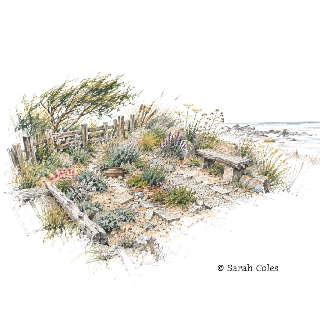 Colourful Sketch of Coastal Garden.
© Sarah Coles