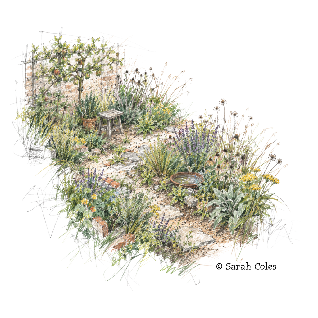 Coloured Sketch Garden Design of a Cottage Garden.
© Sarah Coles
