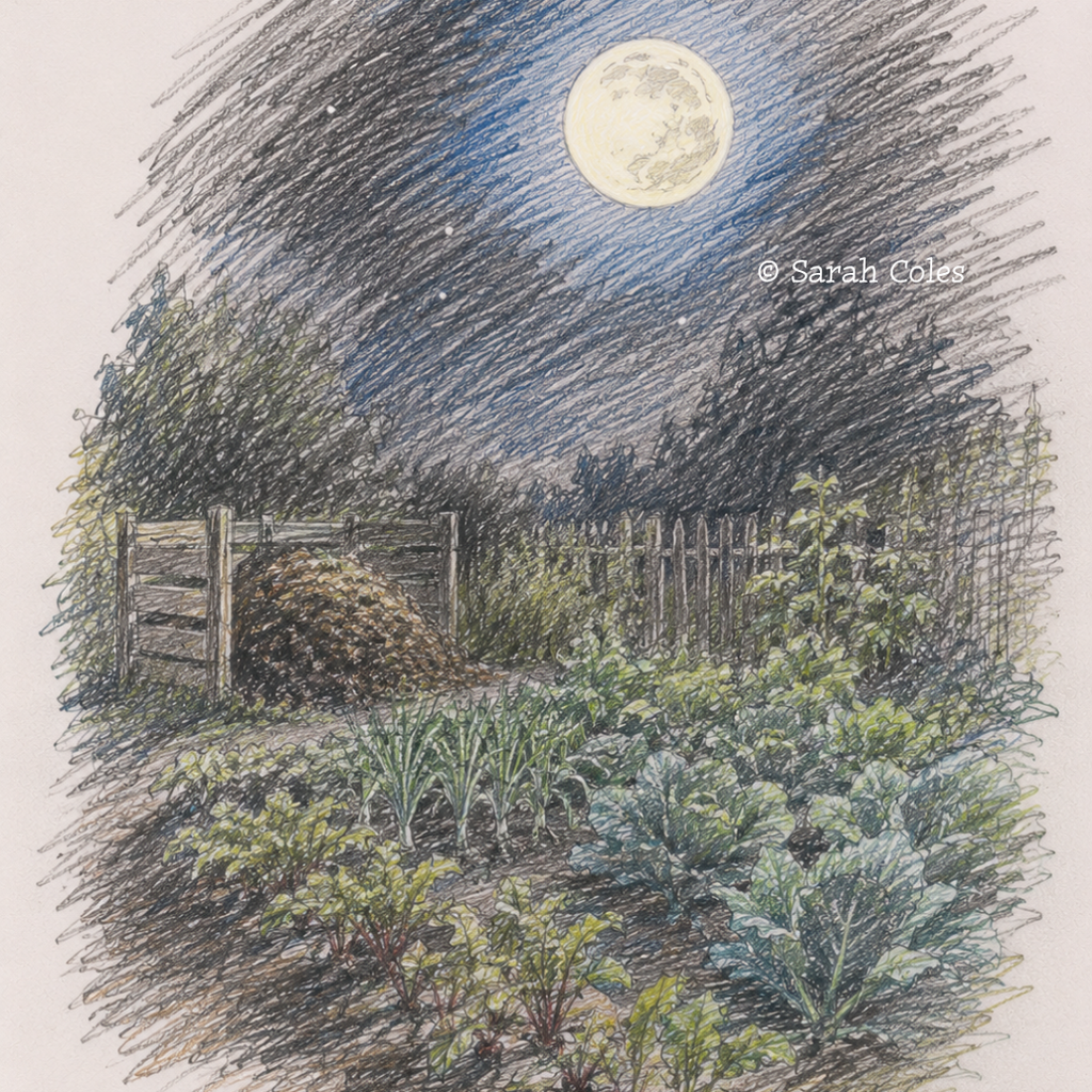 Image:  Colouring Pencil Sketch of a Vegetable Garden under the Bright Moon Light.  © Sarah Coles