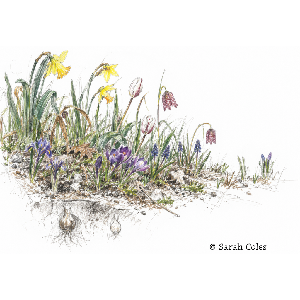 Colour Sketch of Spring Bulbs in Flower.
©Sarah Coles