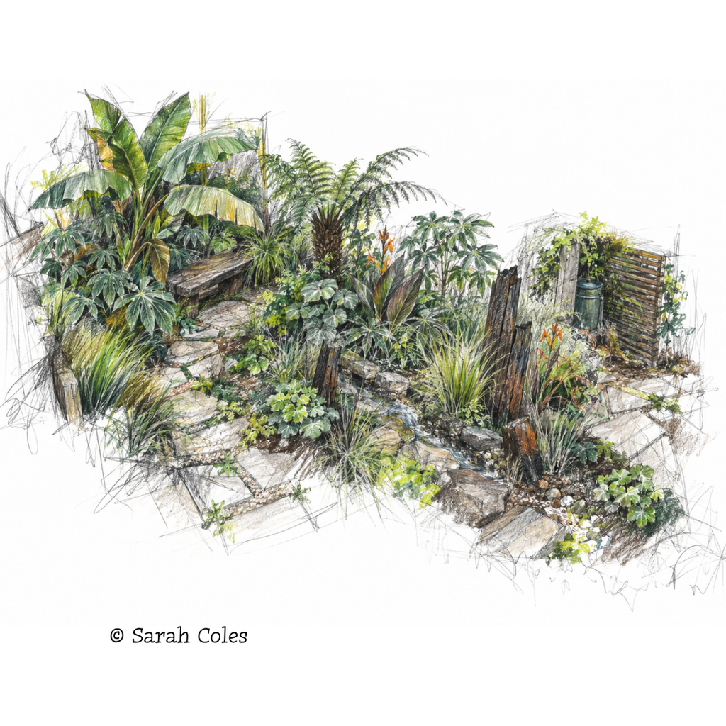 Tropical Garden Design Sketch.
© Sarah Coles